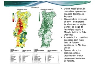 § De um modo geral, os
concelhos apresentam
espaços dedicados à
Floresta
§ Os concelhos com mais
de 80% de Floresta
localizam-se na região
Centro, ao longo da
flexão que separa a
Meseta Ibérica da Orla
Ocidental
§ A maioria dos concelhos
ocupados com maior
área de floresta
localiza-se no Alentejo
Litoral
§ Os concelhos dos
grandes centros
urbanos têm menor
percentagem de área
de floresta.
 