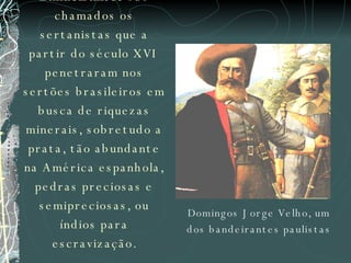 Bandeirantes  são chamados os sertanistas que a partir do século XVI penetraram nos sertões brasileiros em busca de riquezas minerais, sobretudo a prata, tão abundante na América espanhola, pedras preciosas e semipreciosas, ou índios para escravização. Domingos Jorge Velho, um dos bandeirantes paulistas 