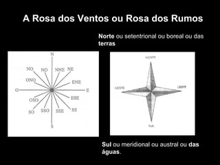 A Rosa dos Ventos ou Rosa dos Rumos Sul  ou meridional ou austral ou  das águas . Norte  ou setentrional ou boreal ou das  terras 