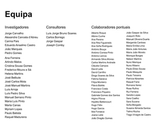 Equipa
Investigadores

Consultores

Colaboradores pontuais

Jorge Carvalho
Alexandre Cancela d’Abreu
Carina Pais
Eduardo A...