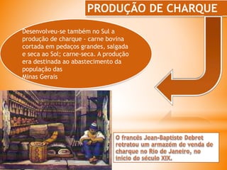 Desenvolveu-se também no Sul a
produção de charque - carne bovina
cortada em pedaços grandes, salgada
e seca ao Sol; carne-seca. A produção
era destinada ao abastecimento da
população das
Minas Gerais
PRODUÇÃO DE CHARQUE
 