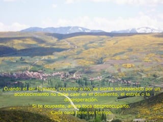 ¡ PAZ y AMOR en el
Señor!
Cuando el ser humano, creyente o no, se siente sobrepasado por un
acontecimiento no debe caer en el desaliento, el estrés o la
desesperación.
Si te ocupaste, ahora toca despreocuparte.
Cada cosa tiene su tiempo.
 