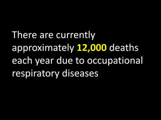 There are currently
approximately 12,000 deaths
each year due to occupational
respiratory diseases
 