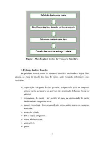3
Figura 1 - Metodologia de Custeio de Transporte Rodoviário
1. Definição dos itens de custos
Os principais itens de custos do transporte rodoviário são listados a seguir. Mais
adiante, na etapa de cálculo dos itens de custos, serão fornecidas informações mais
detalhadas.
depreciação – do ponto de vista gerencial, a depreciação pode ser imaginada
como o capital que deveria ser reservado para a reposição do bem ao fim de sua
vida útil.
remuneração do capital – diz respeito ao custo de oportunidade do capital
imobilizado na compra dos ativos.
pessoal (motorista) – deve ser considerado tanto o salário quanto os encargos e
benefícios;
seguro do veículo;
IPVA/ seguro obrigatório;
custos administrativos;
combustível;
pneus;
DDeeffiinniiççããoo ddooss iitteennss ddee ccuussttoo
CCllaassssiiffiiccaaççããoo ddooss iitteennss ddee ccuussttoo eemm ffiixxooss ee vvaarriiáávveeiiss
CCáállccuulloo ddoo ccuussttoo ddee ccaaddaa iitteemm
CCuusstteeiioo ddaass rroottaass ddee eennttrreeggaa // ccoolleettaa
 
