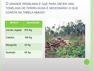 O GRANDE PROBLEMA É QUE PARA OBTER UMA
TONELADA DE FERRO-GUSA É NECESSÁRIO O QUE
CONSTA NA TABELA ABAIXO:


    Minério       Quantidade


Carvão vegetal   875 Kg


Calcário         100 Kg


Manganês         40 Kg


Quartzito        65 Kg
 