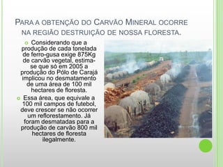 PARA A OBTENÇÃO DO CARVÃO MINERAL OCORRE
 NA REGIÃO DESTRUIÇÃO DE NOSSA FLORESTA.
     Considerando que a
 produção de cada tonelada
  de ferro-gusa exige 875Kg
   de carvão vegetal, estima-
      se que só em 2005 a
 produção do Pólo de Carajá
  implicou no desmatamento
    de uma área de 100 mil
      hectares de floresta.
 Essa área, que equivale a
  100 mil campos de futebol,
 deve crescer se não ocorrer
     um reflorestamento. Já
   foram desmatadas para a
 produção de carvão 800 mil
       hectares de floresta
          ilegalmente.
 