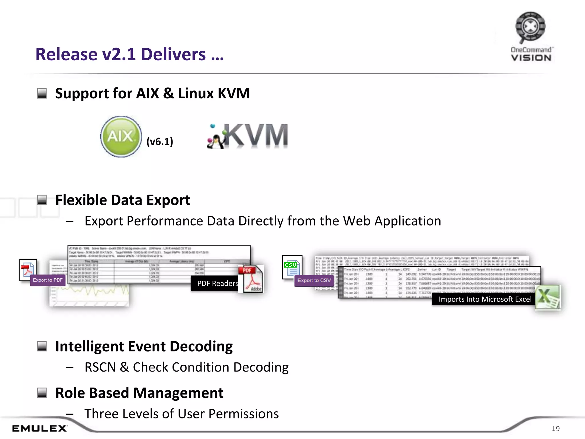 Release v2.1 Delivers …
  Support for AIX & Linux KVM

               (v6.1)




  Flexible Data Export
   – Export Performance Data Directly from the Web Application



                         PDF Readers
                                                                   Imports Into Microsoft Excel




  Intelligent Event Decoding
   – RSCN & Check Condition Decoding
  Role Based Management
   – Three Levels of User Permissions
                                       © 2011 Emulex Corporation                                   19
                                                                                                  19
 