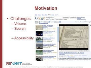 Motivation <ul><li>Challenges </li></ul><ul><ul><li>Volume </li></ul></ul><ul><ul><li>Search </li></ul></ul><ul><ul><li>Ac...