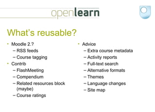 What’s reusable? Moodle 2.? RSS feeds  Course tagging  Contrib FlashMeeting  Compendium  Related resources block (maybe) Course ratings Advice Extra course metadata Activity reports Full-text search Alternative formats Themes Language changes Site map 