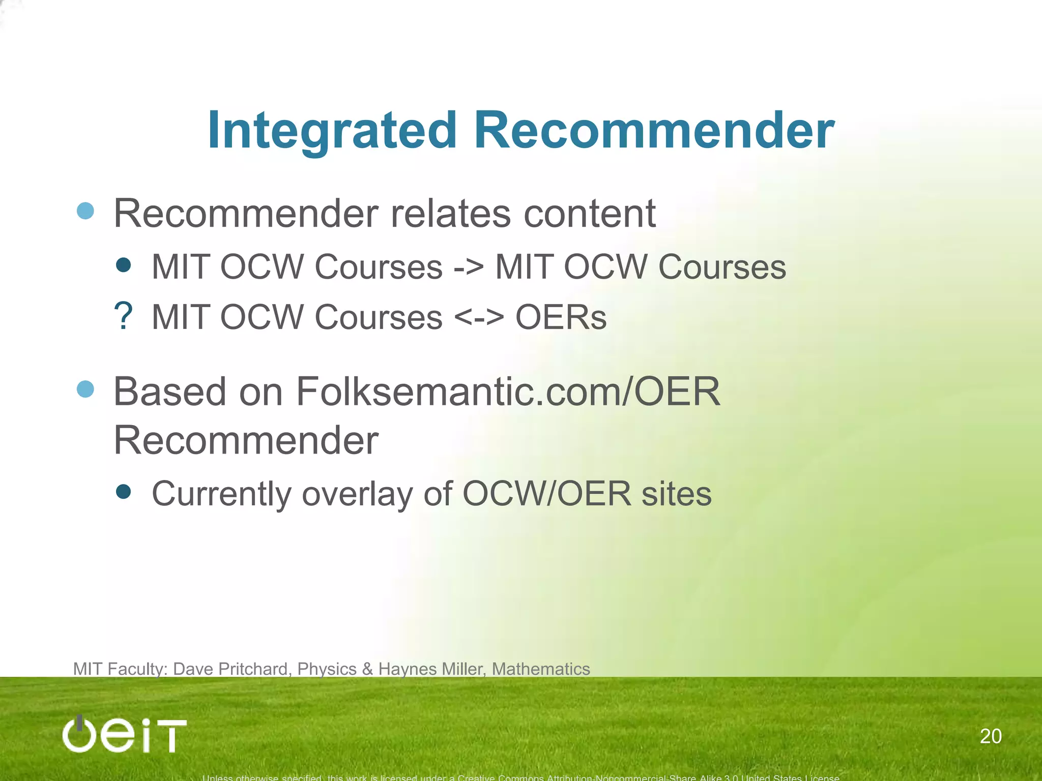 Improved Video PlayersAll MIT OCW videos have 99% accurate transcriptsDisplayed as captions on YouTubeAvailable to view/download on OCW sitePlayback and display on MIT OCW website can be improvedEmbedded video and transcript as HTMLTranscript search not linked to playback18