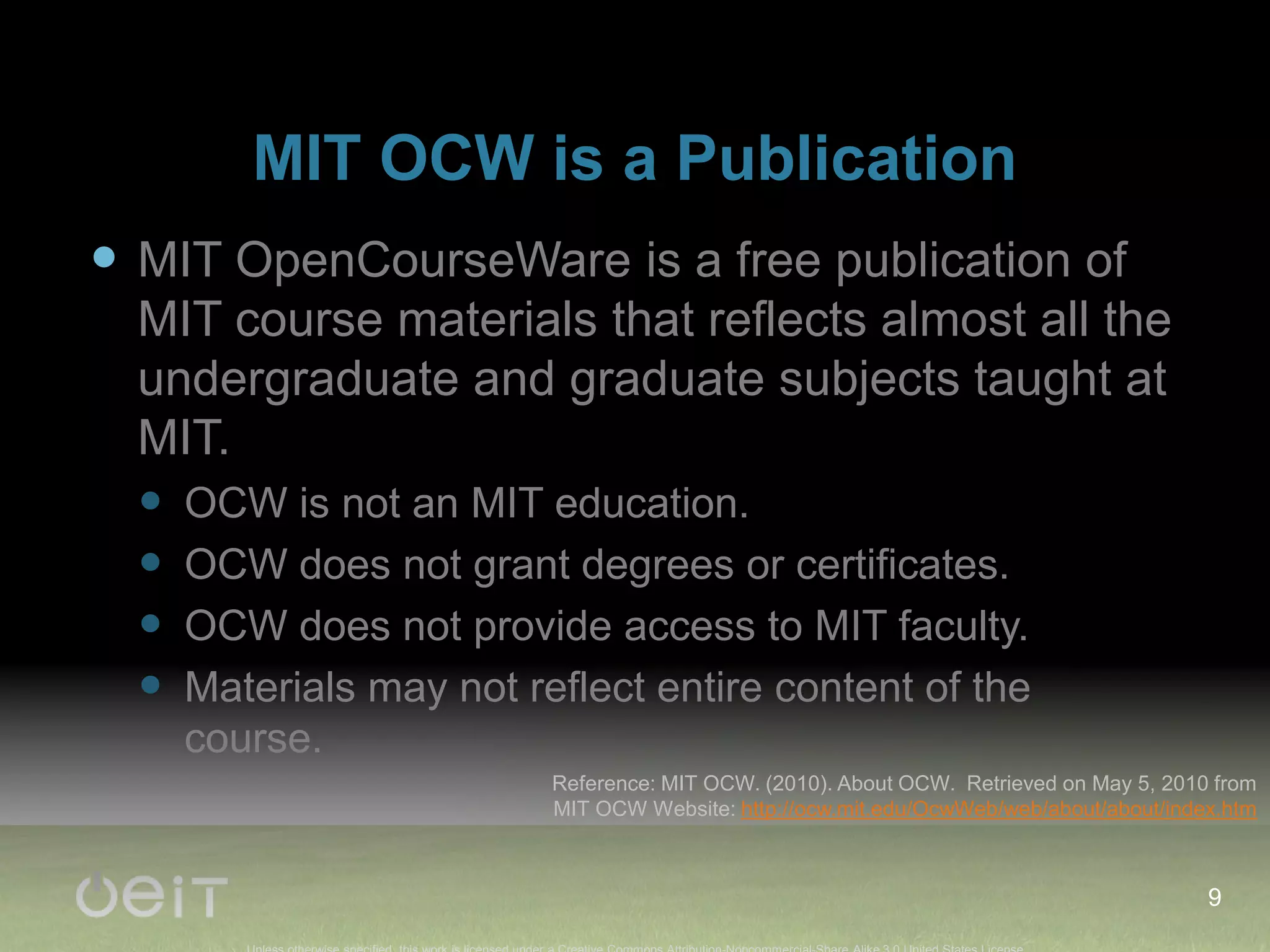 What do you wish were possible with MIT OCW?Digg-rank up or down courses (popularity), thumbs up, thumbs downComment on the content that’s therePoint out errors/improve the contentTranslate contentShow localizations, same content, different culture (examples)Exemplar recognition7