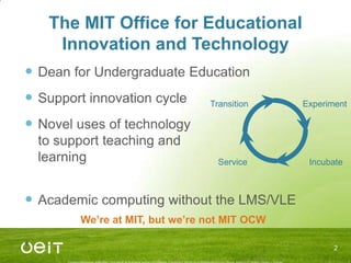The MIT Office for Educational Innovation and Technology,[object Object],Dean for Undergraduate Education,[object Object],Support innovation cycle,[object Object],Novel uses of technologyto support teaching andlearning,[object Object],Academic computing without the LMS/VLE,[object Object],2,[object Object],Experiment,[object Object],Transition,[object Object],Incubate,[object Object],Service,[object Object],We’re at MIT, but we’re not MIT OCW,[object Object]