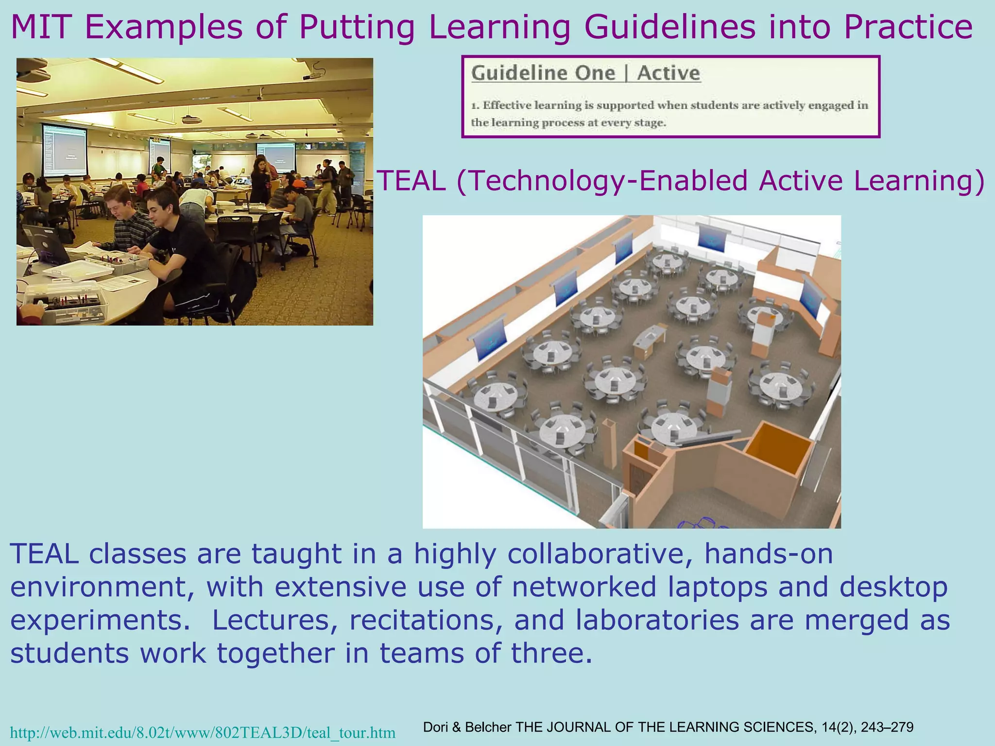 MIT Examples of Putting Learning Guidelines into Practice TEAL (Technology-Enabled Active Learning) TEAL classes are taught in a highly collaborative, hands-on environment, with extensive use of networked laptops and desktop experiments.  Lectures, recitations, and laboratories are merged as students work together in teams of three.  http://web.mit.edu/8.02t/www/802TEAL3D/teal_tour. htm Dori & Belcher THE JOURNAL OF THE LEARNING SCIENCES, 14(2), 243–279 