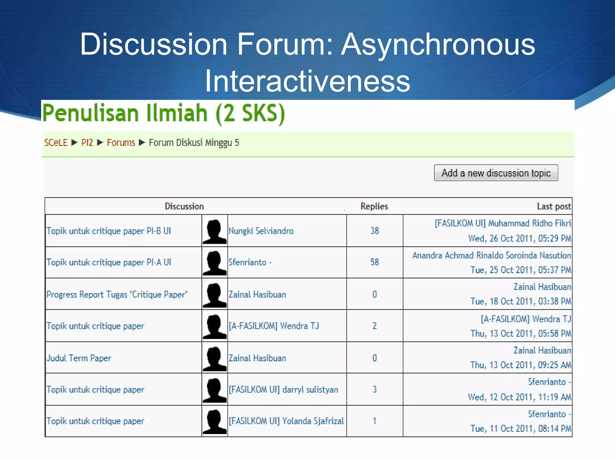 Discussion Forum: Asynchronous
Interactiveness
 