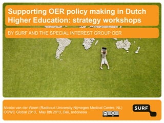 BY SURF AND THE SPECIAL INTEREST GROUP OER
Supporting OER policy making in Dutch
Higher Education: strategy workshops
Nicolai van der Woert (Radboud University Nijmegen Medical Centre, NL)
OCWC Global 2013, May 8th 2013, Bali, Indonesia
 
