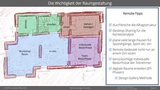 © OPITZ CONSULTING 2020
Informationsklassifikation:
Erfahrungsbericht - WeitergebenRemote Design Thinking
Die Wichtigkeit der Raumgestaltung
Workshop
Raum
in vivo
draußen
drinnen
sitzen
stehen /
bewegen
individuelle
Bedürfnisse
Team
Bedürfnisse
Remote-Tipps
 durchbreche die Alltagsstruktur
 Desktop-Sharing für die
Kontextanalyse
 plane viele lange Pausen für
Spaziergänge, Sport etc. ein
 Remote bedeutet nicht nur an
einem Ort sitzen
 berücksichtige individuelle
Bedürfnisse der Teilnehmer
 digitale Räume erstellen (DT-
Phasen)
 Design Gallery Methode
Seite 9
 