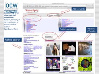 Guided navigation Previews
of Results
Refine search
Add keywords
With Serendipity
Explore OCW in an
integrated and
incremental
manner, from any of
the repositories of
institutions that
publish
OpenCourseWare.
 