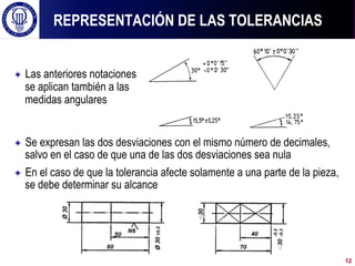 ! Las anteriores notaciones
se aplican también a las
medidas angulares
! Se expresan las dos desviaciones con el mismo número de decimales,
salvo en el caso de que una de las dos desviaciones sea nula
! En el caso de que la tolerancia afecte solamente a una parte de la pieza,
se debe determinar su alcance
REPRESENTACIÓN DE LAS TOLERANCIAS
12
 