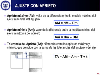 ! Aprieto máximo (AM): valor de la diferencia entre la medida máxima del
eje y la mínima del agujero
! Aprieto mínimo (Am): valor de la diferencia entre la medida mínima del
eje y la máxima del agujero
! Tolerancia del Aprieto (TA): diferencia entre los aprietos máximo y
mínimo, que coincide con la suma de las tolerancias del agujero y del eje
AJUSTE CON APRIETO
AM = dM – Dm
Am = dm – DM
TA = AM – Am = T + t
40
 