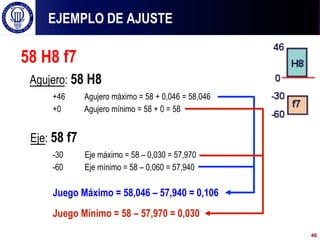 EJEMPLO DE AJUSTE
58 H8 f7
Agujero: 58 H8
+46 Agujero máximo = 58 + 0,046 = 58,046
+0 Agujero mínimo = 58 + 0 = 58
Eje: 58 f7
-30 Eje máximo = 58 – 0,030 = 57,970
-60 Eje mínimo = 58 – 0,060 = 57,940
Juego Máximo = 58,046 – 57,940 = 0,106
Juego Mínimo = 58 – 57,970 = 0,030
46
 