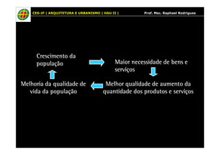 CES-JF | ARQUITETURA E URBANISMO | HAU II | Prof. Msc. Raphael Rodrigues 
CCCCrrrreeeesssscccciiiimmmmeeeennnnttttoooo ddddaaaa 
ppppooooppppuuuullllaaaaççççããããoooo MMMMaaaaiiiioooorrrr nnnneeeecccceeeessssssssiiiiddddaaaaddddeeee ddddeeee bbbbeeeennnnssss eeee 
sssseeeerrrrvvvviiiiççççoooossss 
MMMMeeeellllhhhhoooorrrr qqqquuuuaaaalllliiiiddddaaaaddddeeee ddddeeee aaaauuuummmmeeeennnnttttoooo ddddaaaa 
qqqquuuuaaaannnnttttiiiiddddaaaaddddeeee ddddoooossss pppprrrroooodddduuuuttttoooossss eeee sssseeeerrrrvvvviiiiççççoooossss 
MMMMeeeellllhhhhoooorrrriiiiaaaa ddddaaaa qqqquuuuaaaalllliiiiddddaaaaddddeeee ddddeeee 
vvvviiiiddddaaaa ddddaaaa ppppooooppppuuuullllaaaaççççããããoooo 
 