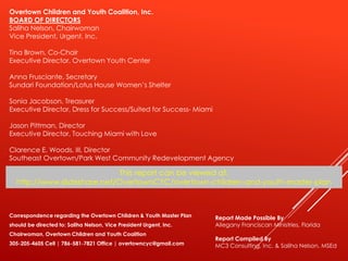 Correspondence regarding the Overtown Children & Youth Master Plan
should be directed to: Saliha Nelson, Vice President Urgent, Inc.
Chairwoman, Overtown Children and Youth Coalition
305-205-4605 Cell | 786-581-7821 Office | overtowncyc@gmail.com
Overtown Children and Youth Coalition, Inc.
BOARD OF DIRECTORS
Saliha Nelson, Chairwoman
Vice President, Urgent, Inc.
Tina Brown, Co-Chair
Executive Director, Overtown Youth Center
Anna Frusciante, Secretary
Sundari Foundation/Lotus House Women’s Shelter
Sonia Jacobson, Treasurer
Executive Director, Dress for Success/Suited for Success- Miami
Jason Pittman, Director
Executive Director, Touching Miami with Love
Clarence E. Woods, III, Director
Southeast Overtown/Park West Community Redevelopment Agency
Report Made Possible By
Allegany Franciscan Ministries, Florida
Report Compiled By
MC3 Consulting, Inc. & Saliha Nelson, MSEd
This report can be viewed at:
http://www.slideshare.net/OvertownCYC/overtown-children-and-youth-master-plan
 