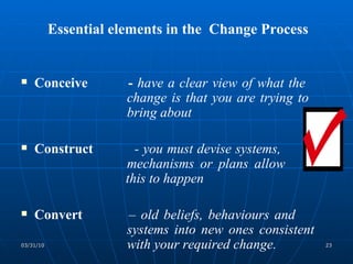 Essential elements in the  Change Process Conceive  -  have a clear view of what the  change is that you are trying to  bring about Construct  - you must devise systems,  mechanisms or plans allow    this to happen  Convert   –  old beliefs, behaviours and  systems into new ones consistent  with your required change. 