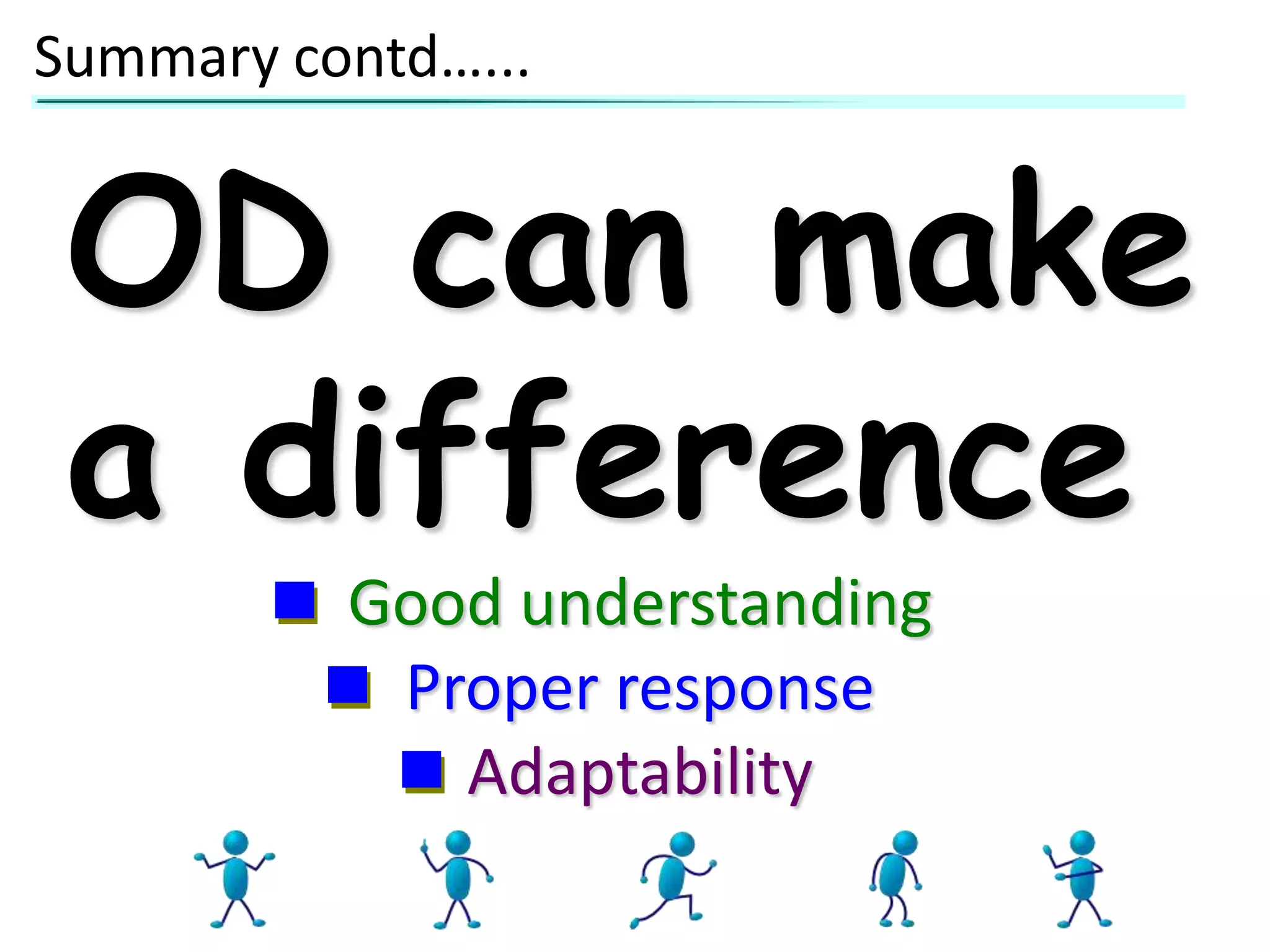 Summary contd…...

OD can make
a difference
Good understanding
Proper response
Adaptability

 