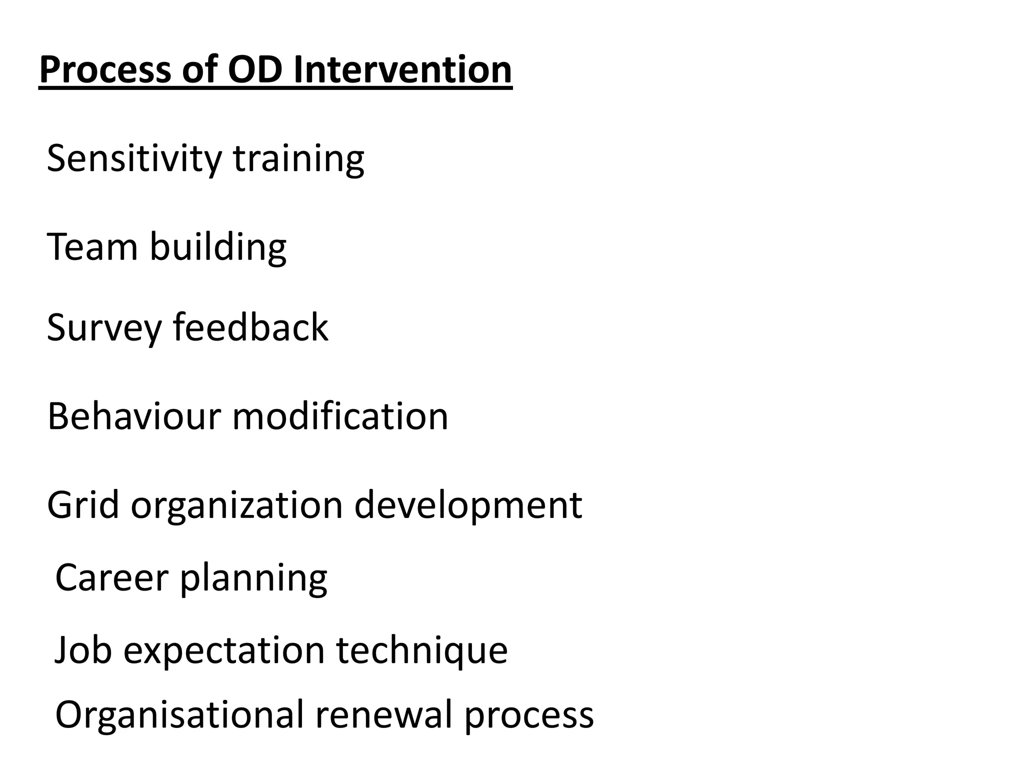 Process of OD Intervention
Sensitivity training
Team building
Survey feedback
Behaviour modification

Grid organization development
Career planning
Job expectation technique
Organisational renewal process

 