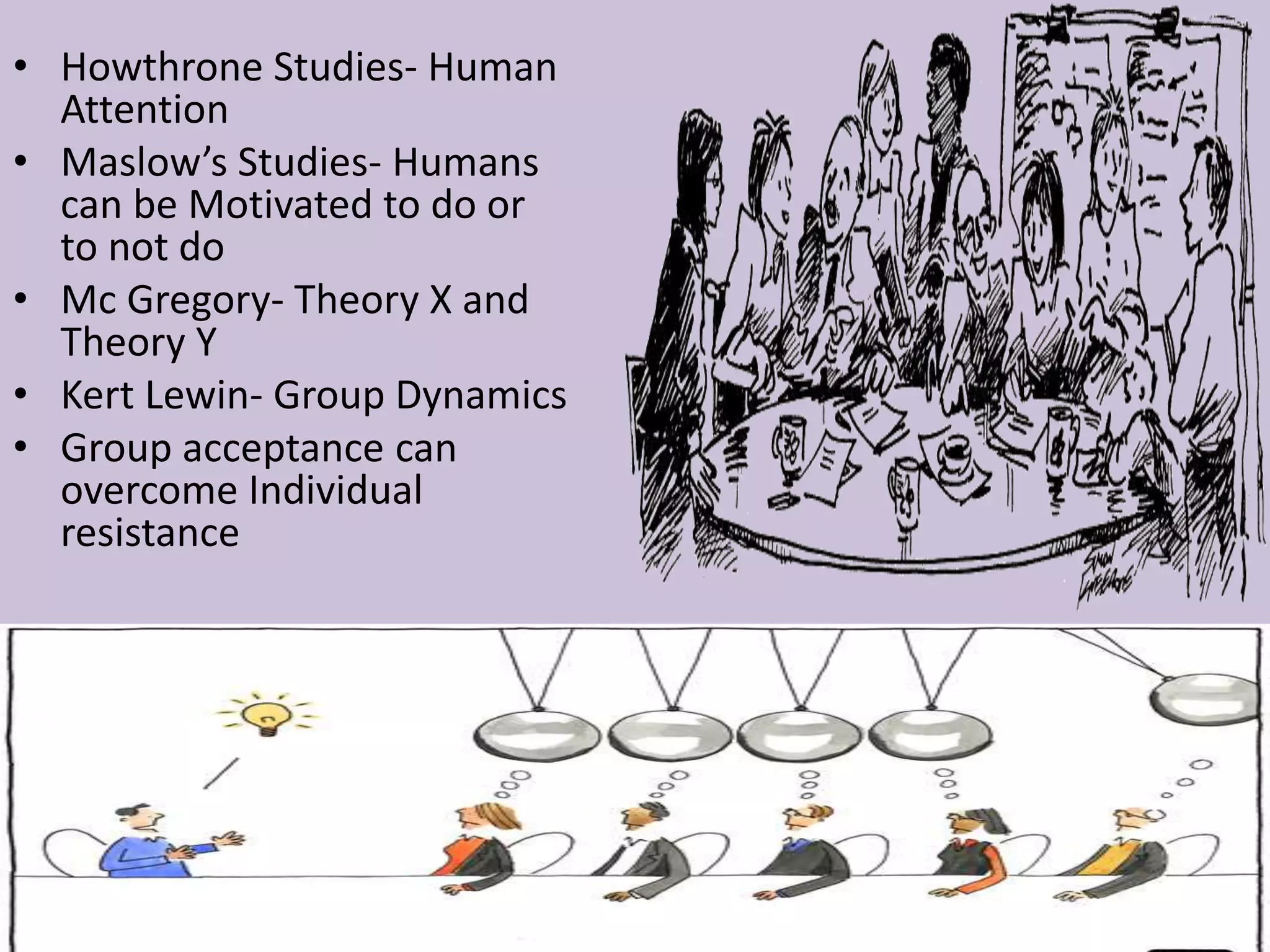 • Howthrone Studies- Human
Attention
• Maslow’s Studies- Humans
can be Motivated to do or
to not do
• Mc Gregory- Theory X and
Theory Y
• Kert Lewin- Group Dynamics
• Group acceptance can
overcome Individual
resistance
 