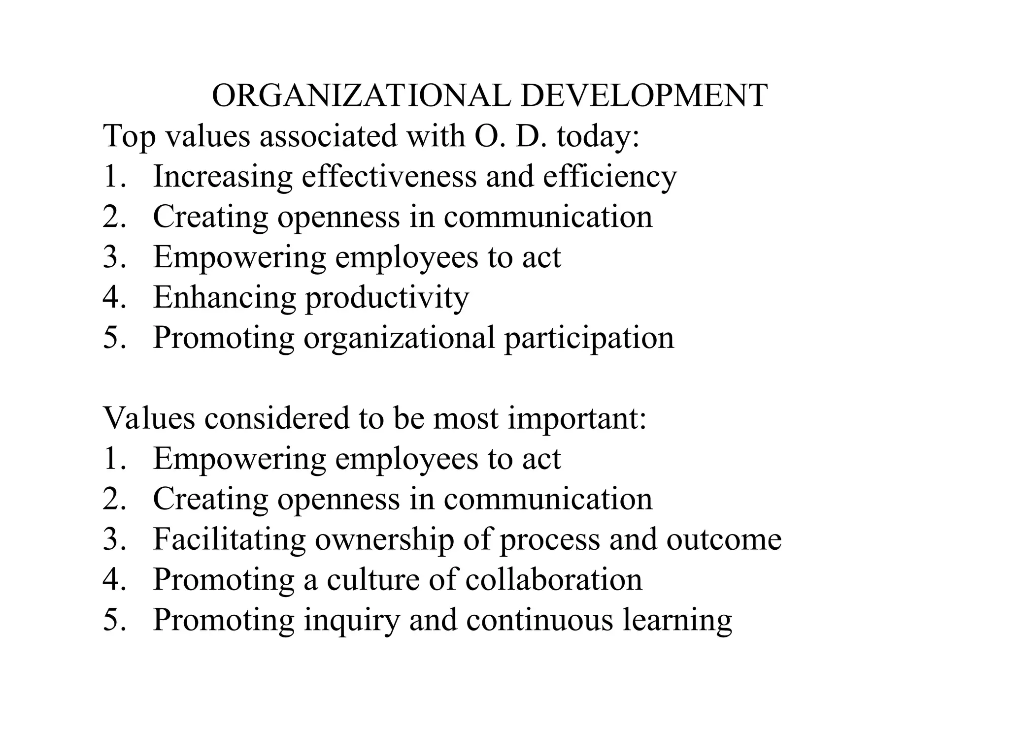 ORGANIZATIONAL DEVELOPMENT
Top values associated with O. D. today:
1. Increasing effectiveness and efficiency
2. Creating openness in communication
3. Empowering employees to act
4. Enhancing productivity
5. Promoting organizational participation
Values considered to be most important:
1. Empowering employees to act
2. Creating openness in communication
3. Facilitating ownership of process and outcome
4. Promoting a culture of collaboration
5. Promoting inquiry and continuous learning
 