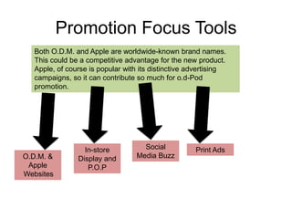 Promotion Focus ToolsBoth O.D.M. and Apple are worldwide-known brand names. This could be a competitive advantage for the new product. Apple, of course is popular with its distinctive advertising campaigns, so it can contribute so much for o.d-Pod promotion.Social Media BuzzIn-store Display and P.O.PPrint AdsO.D.M. & Apple   Websites 