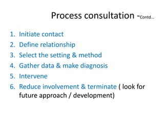 Process consultation -Contd…
1.   Initiate contact
2.   Define relationship
3.   Select the setting & method
4.   Gather data & make diagnosis
5.   Intervene
6.   Reduce involvement & terminate ( look for
     future approach / development)
 