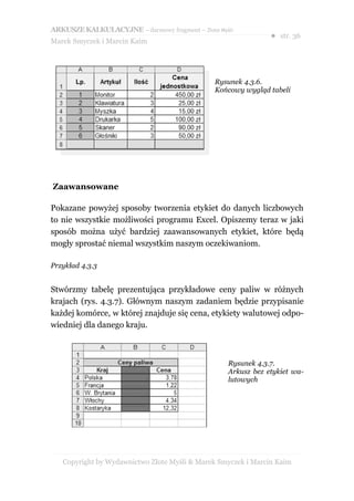 ARKUSZE KALKULACYJNE – darmowy fragment – Złote Myśli
                                                               ● str. 36
Marek Smyczek i Marcin Kaim




                                               Rysunek 4.3.6.
                                               Końcowy wygląd tabeli




Zaawansowane

Pokazane powyżej sposoby tworzenia etykiet do danych liczbowych
to nie wszystkie możliwości programu Excel. Opiszemy teraz w jaki
sposób można użyć bardziej zaawansowanych etykiet, które będą
mogły sprostać niemal wszystkim naszym oczekiwaniom.

Przykład 4.3.3


Stwórzmy tabelę prezentująca przykładowe ceny paliw w różnych
krajach (rys. 4.3.7). Głównym naszym zadaniem będzie przypisanie
każdej komórce, w której znajduje się cena, etykiety walutowej odpo-
wiedniej dla danego kraju.



                                                   Rysunek 4.3.7.
                                                   Arkusz bez etykiet wa-
                                                   lutowych




   Copyright by Wydawnictwo Złote Myśli & Marek Smyczek i Marcin Kaim
 