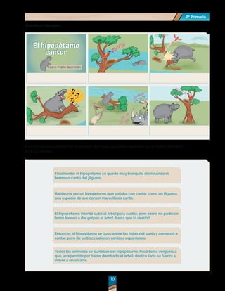2º Primaria
2º Primaria
10
10
Veamos un ejemplo…
El hipopótamo
cantor
Pedro Pablo Sacristán
El hipopótamo
cantor
El hipopótamo
cantor
A continuación se muestran un ejemplo de frases que deben aparecer en un orden diferente
al de la historia.
Finalmente, el hipopótamo se quedó muy tranquilo disfrutando el
hermoso canto del jilguero.
El hipopótamo intentó subir al árbol para cantar, pero como no podía se
lanzó furioso a dar golpes al árbol, hasta que lo derribó.
Todos los animales se burlaban del hipopótamo. Pasó tanta vergüenza
que, arrepentido por haber derribado el árbol, dedico toda su fuerza a
volver a levantarlo.
Había una vez un hipopótamo que soñaba con cantar como un jilguero,
una especie de ave con un maravilloso canto.
Entonces el hipopótamo se puso sobre las hojas del suelo y comenzó a
cantar, pero de su boca salieron sonidos espantosos.
 