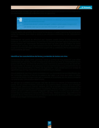 2º Primaria
2º Primaria
22
22
Antes de iniciar el juego, elija algunas tarjetas y analice junto con sus alumnos los fragmentos
de información a través de preguntas como las siguientes:
¿Creen que este texto nos esté contando una historia?, ¿nos estará explicando
algo o nos estará informando?
¿Cómo está escrito?, ¿utiliza diálogos?, ¿refiere a datos reales o imaginarios?
¿De dónde creen que se sacó esta información?, ¿por qué?
Una vez hecho este análisis, de la misma forma que en un juego tradicional de memorama,
voltee las tarjetas boca abajo y anime a sus alumnos a encontrar su par (información-
portada).
Dependiendo del grado de dificultad que requiera, puede utilizar al inicio textos con
temáticas muy diferentes entre sí y conforme los alumnos dominen algunas características,
incluya tarjetas con información de diferentes tipos de texto pero que hablen de temas
similares; por ejemplo, que todos aborden el tema de “animales de la selva”. Esto ayudará
a que los alumnos distingan la información a partir de su contenido y forma de redacción, y
no únicamente del tema.
Identificar las características de forma y contenido de textos con rima
La estructura de textos como canciones, coplas y poemas es muy particular pues están
constituidas por estrofas y versos, la mayoría de las veces con rima. Es indispensable que el
análisis de las rimas así como de otros recursos retóricos se planteé a la luz del contenido.
En este sentido, es central que promueva con sus alumnos la lectura y comprensión de los
poemas mientras identifican su forma de organización. Cada estrofa tiene una unidad de
significado que es muy importante sea comprendida por el grupo.
Para el análisis de las rimas, realice actividades con sus alumnos en las que identifiquen que
las similitudes silábicas al final de las palabras dan lugar a las rimas que crean un efecto
sonoro en los textos. Es importante que se analicen en el contexto de una lectura completa
con una función comunicativa determinada.
Un ejemplo de actividad para trabajar este tipo de textos es realizar un Rompecabezas de
poema. En un primer momento presente a sus alumnos textos sencillos que contengan
rimas (coplas, adivinanzas, poemas, refranes, etc.), de ser posible, coloque los textos en un
rotafolio para que sus alumnos puedan visualizarlos. Discuta con el grupo el contenido del
poema ¿De qué se trata el poema?. Enseguida haga referencia a la estructura en estrofas y
solicite que se parafrasee el sentido de alguna de ellas. Posteriormente, haga referencia al
propósito de las rimas como un recurso literario que da ritmo al poema y encierre aquellas
palabras que tengan terminaciones idénticas.
 