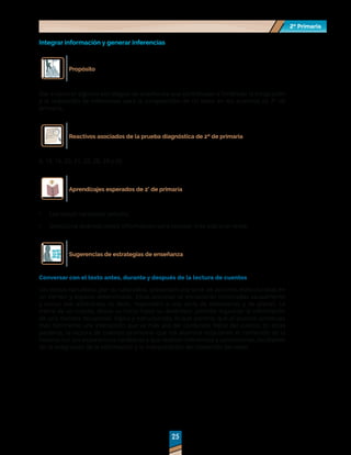 2º Primaria
2º Primaria
25
25
Integrar información y generar inferencias
Propósito
Dar a conocer algunas estrategias de enseñanza que contribuyan a fortalecer la integración
y la realización de inferencias para la comprensión de un texto en los alumnos de 2° de
primaria.
Reactivos asociados de la prueba diagnóstica de 2º de primaria
6, 13, 16, 20, 21, 22, 28, 29 y 30.
Aprendizajes esperados de 2° de primaria
•	 Lee textos narrativos sencillo.
•	 Selecciona diversos textos informativos para conocer más sobre un tema.
Sugerencias de estrategias de enseñanza
Conversar con el texto antes, durante y después de la lectura de cuentos
Los textos narrativos, por su naturaleza, presentan una serie de acciones estructuradas en
un tiempo y espacio determinado. Estas acciones se encuentran conectadas causalmente
y nunca son arbitrarias; es decir, responden a una serie de intenciones y de planes. La
trama de un cuento, desde su inicio hasta su desenlace, permite organizar la información
de una manera secuencial, lógica y estructurada, lo que permite que el alumno construya
más fácilmente una interacción que va más allá del contenido literal del cuento. En otras
palabras, la lectura de cuentos promueve que los alumnos relacionen el contenido de la
historia con sus experiencias cotidianas y que realicen inferencias y conclusiones, facilitando
así la integración de la información y la interpretación del contenido del texto.
 