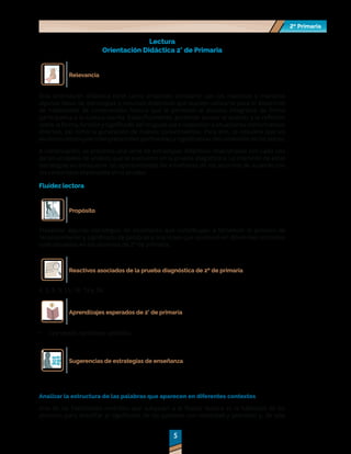 2º Primaria
2º Primaria
5
5
Lectura
Orientación Didáctica 2° de Primaria
Relevancia
Esta orientación didáctica tiene como propósito compartir con las maestras y maestros
algunas ideas de estrategias y recursos didácticos que pueden utilizarse para el desarrollo
de habilidades de comprensión lectora que le permitan al alumno integrarse de forma
participativa a la cultura escrita. Específicamente, pretende apoyar el análisis y la reflexión
sobre la forma, función y significado del lenguaje para responder a situaciones comunicativas
diversas, así como la generación de nuevos conocimientos. Para ello, se requiere que los
alumnos construyan interpretaciones pertinentes y significativas del contenido de los textos.
A continuación, se presenta una serie de estrategias didácticas relacionadas con cada una
de las unidades de análisis que se evaluaron en la prueba diagnóstica. La intención de estas
estrategias es enriquecer las oportunidades de enseñanza de los alumnos de acuerdo con
los contenidos explorados en la prueba.
Fluidez lectora
Propósito
Presentar algunas estrategias de enseñanza que contribuyan a fortalecer el proceso de
reconocimiento y significado de palabras y oraciones que aparecen en diferentes contextos
comunicativos en los alumnos de 2° de primaria.
Reactivos asociados de la prueba diagnóstica de 2º de primaria
4, 5, 8, 9, 15, 18, 19 y 24.
Aprendizajes esperados de 2° de primaria
•	 Lee textos narrativos sencillos.
Sugerencias de estrategias de enseñanza
Analizar la estructura de las palabras que aparecen en diferentes contextos
Una de las habilidades centrales que subyacen a la fluidez lectora es la habilidad de los
alumnos para descifrar el significado de las palabras con velocidad y precisión y, de esta
 