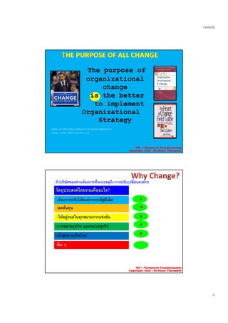 23/09/58
9
The purpose of
organizational
CUMMINGS 
& WORLEY
change
isis the better
to implement
Organizational
St t
THE 
HEART
Strategy
Colenso, M. (2000) Kaizen Strategies for Successful Organizational
change. London: Pearson Education. p.9
HEART 
OF
CHANGE
OD --- >Corporate Transformation
Copyright 2015 : Dr.Danai Thienphut
วัตถุประสงคโดยรวมคืออะไร?
ถาบริษัทของทานตองการที่จะบรรลุถึง การปรับเปลี่ยนองคกร
-ตองการปรับใหองคกรจากดีสูดีเลิศ 1
-ลดตนทุน 2
-ใหอยูรอดในทุกสนามการแขงขัน 3
-การขยายธุรกิจ/ แตกหนวยธุรกิจ 4
5
-เขาสูตลาดเกิดใหม
-อื่น ๆ
OD --- >Corporate Transformation
Copyright 2015 : Dr.Danai Thienphut
 