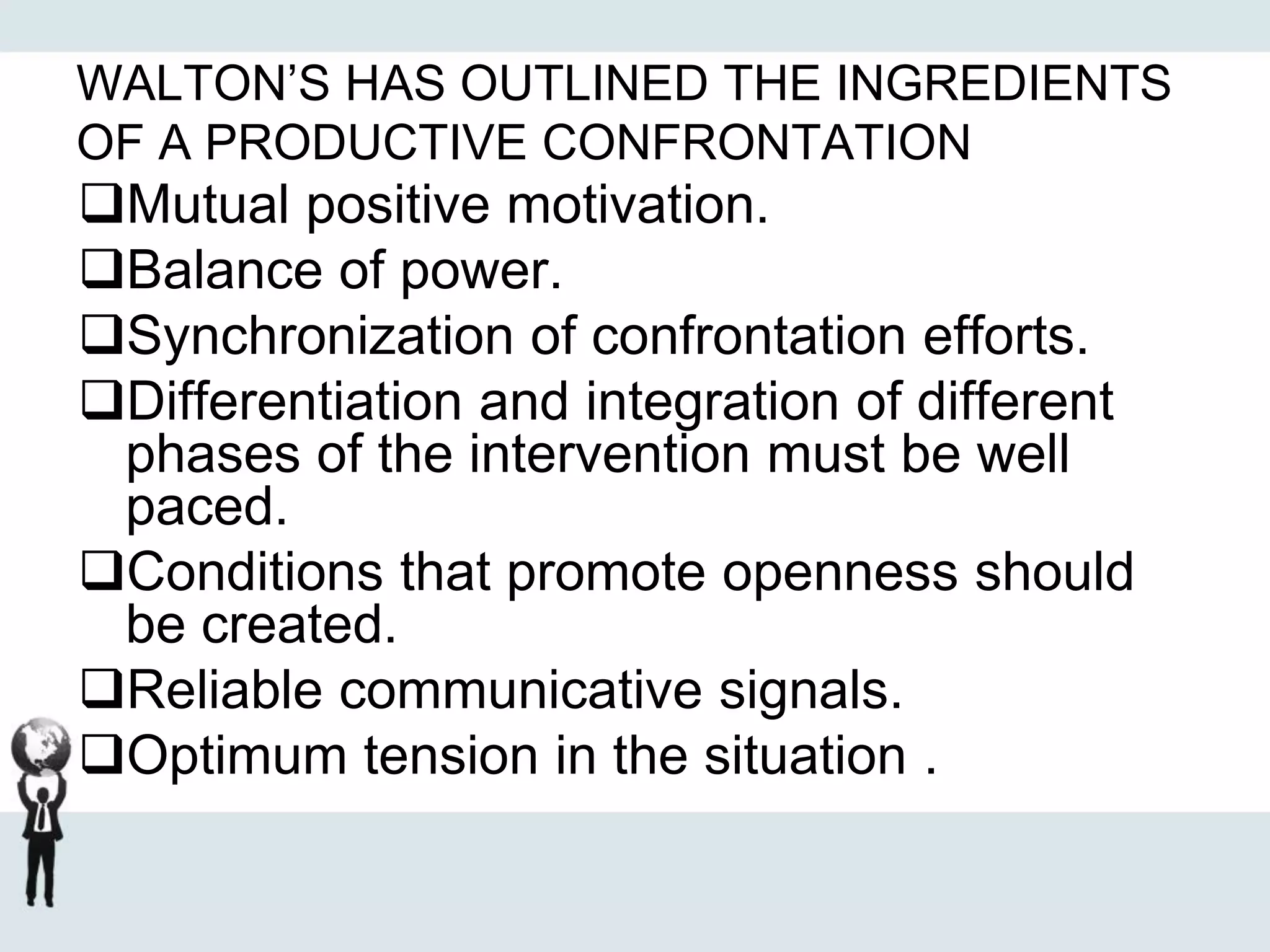 WALTON’S HAS OUTLINED THE INGREDIENTS
OF A PRODUCTIVE CONFRONTATION
Mutual positive motivation.
Balance of power.
Synchronization of confrontation efforts.
Differentiation and integration of different
phases of the intervention must be well
paced.
Conditions that promote openness should
be created.
Reliable communicative signals.
Optimum tension in the situation .
 