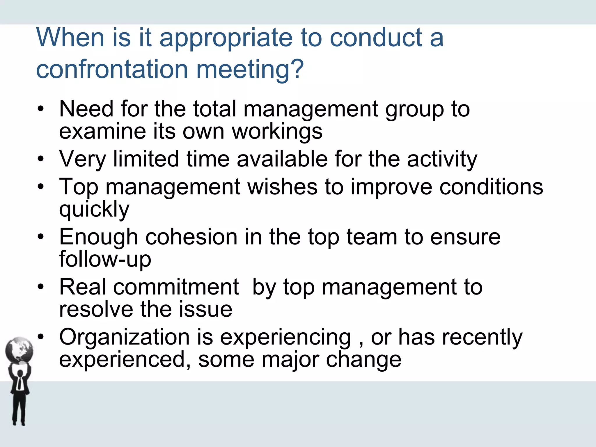 When is it appropriate to conduct a
confrontation meeting?
• Need for the total management group to
examine its own workings
• Very limited time available for the activity
• Top management wishes to improve conditions
quickly
• Enough cohesion in the top team to ensure
follow-up
• Real commitment by top management to
resolve the issue
• Organization is experiencing , or has recently
experienced, some major change
 