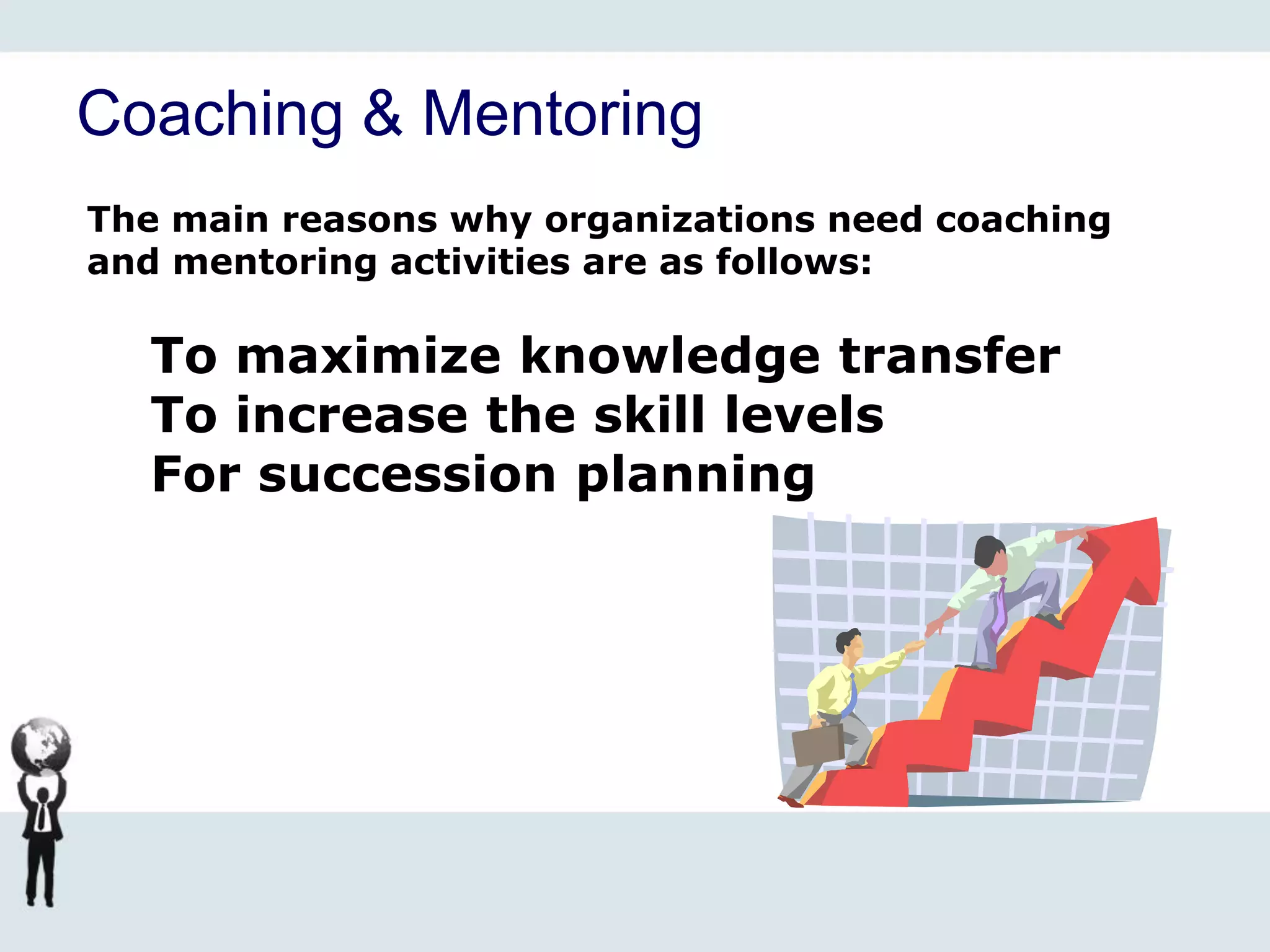 Coaching & Mentoring
The main reasons why organizations need coaching
and mentoring activities are as follows:
To maximize knowledge transfer
To increase the skill levels
For succession planning
 