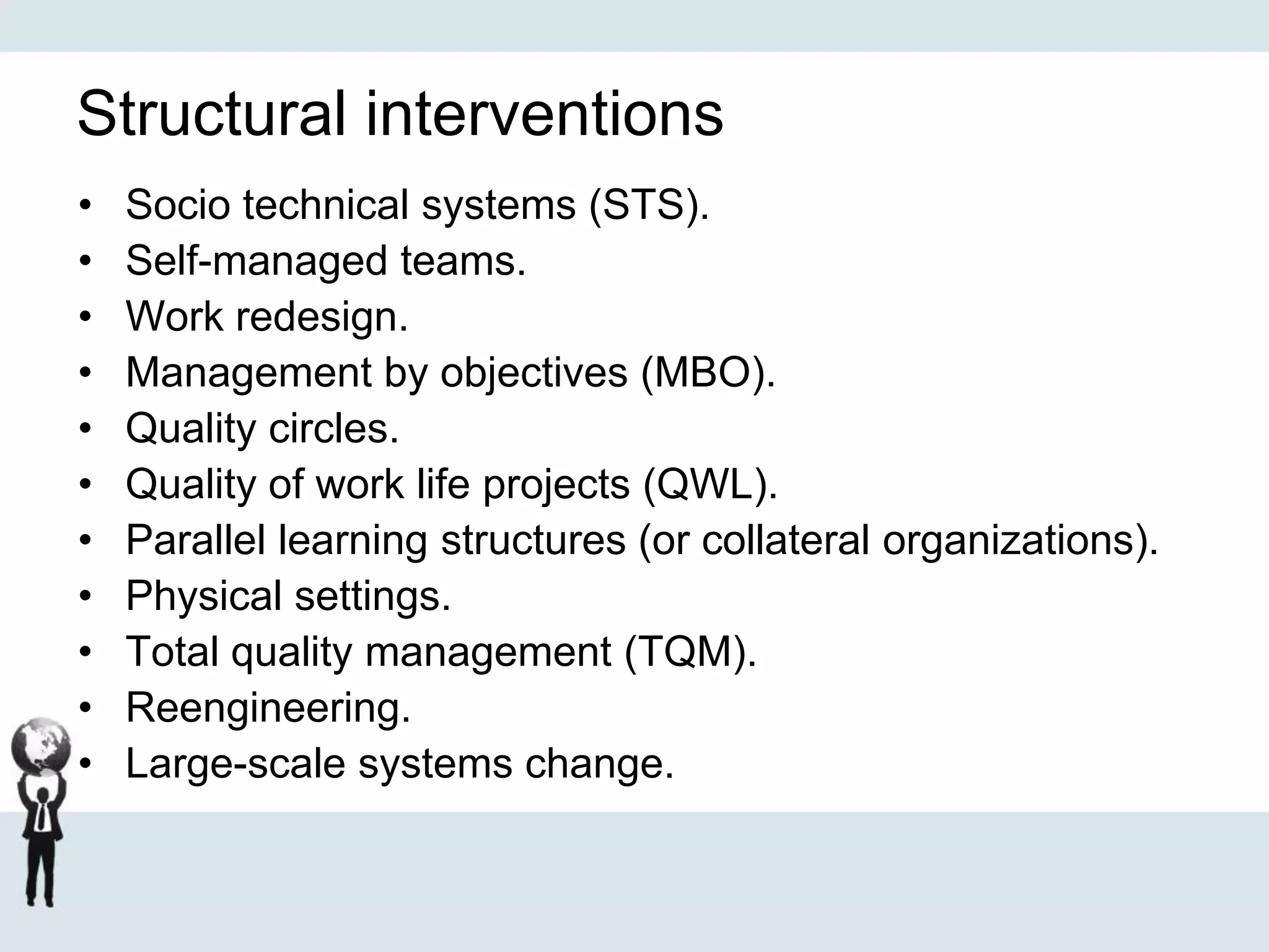 Structural interventions
• Socio technical systems (STS).
• Self-managed teams.
• Work redesign.
• Management by objectives (MBO).
• Quality circles.
• Quality of work life projects (QWL).
• Parallel learning structures (or collateral organizations).
• Physical settings.
• Total quality management (TQM).
• Reengineering.
• Large-scale systems change.
 