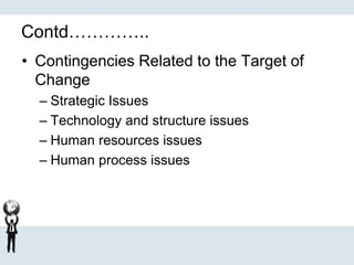Contd…………..
• Contingencies Related to the Target of
Change
– Strategic Issues
– Technology and structure issues
– Human resources issues
– Human process issues
 