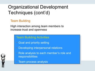 Organizational Development
Techniques (cont’d)
Team Building Activities
• Goal and priority setting
• Developing interpersonal relations
• Role analysis to each member’s role and
responsibilities
• Team process analysis
Team Building
High interaction among team members to
increase trust and openness
 