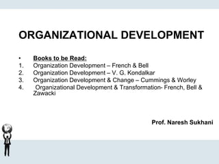 ORGANIZATIONAL DEVELOPMENT
• Books to be Read:
1. Organization Development – French & Bell
2. Organization Development – V. G. Kondalkar
3. Organization Development & Change – Cummings & Worley
4. Organizational Development & Transformation- French, Bell &
Zawacki
Prof. Naresh Sukhani
 