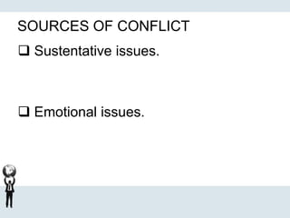 SOURCES OF CONFLICT
 Sustentative issues.
 Emotional issues.
 