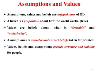 Assumptions and Values
 Assumptions, values and beliefs are integral parts of OD.
 A belief is a proposition about how the world works. (true)
 Values are beliefs about- what is “desirable” and
“undesirable”.
 Assumptions are valuable and correct beliefs taken for granted.
 Values, beliefs and assumptions provide structure and stability
for people.
14
 