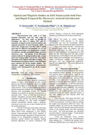 N. Saraswathi, N. Neelakanda Pillai, C. K. Mahadevan / International Journal of Engineering
Research and Applications (IJERA) ISSN: 2248-9622 www.ijera.com
Vol. 3, Issue 4, Jul-Aug 2013, pp.2468-2473
2468 | P a g e
Optical and Magnetic Studies on ZnO Nanocrystals both Pure
and Doped Prepared By Microwave Assisted Solvothermal
Method
N. Saraswathi*, N. Neelakanda Pillai**, C. K. Mahadevan*
*(Physics Research centre, S.T.Hindu College, Nagercoil -629 002)
** (Arignar Anna College, Aralvoymoli-629 301)
ABSTRACT
Nano-structured Zinc oxide is of high
potential importance and has wide range of
applications. We have made an attempt to
investigate the effect of adding Mn2+
and S2-
separately as dopants on the structural, optical, and
magnetic properties of nano-structured ZnO. A
total of five samples pure and Mn2+
and S2-
added
each with two different concentrations viz. 2.5 and
5.0 weight percentages were prepared by a simple,
cost-effective, solvothermal method using a domestic
microwave oven. The powder X-ray diffraction
analysis indicates the hexagonal phase and average
grain sizes ranging within 13 to 16 nm. The optical
absorption study indicates blue shift on doping. The
Photoluminescence spectra indicate violet and bluish
green emissions for all the samples studied. The
vibration sample magnetometric measurements
indicate weak ferromagnetism for all the samples
studied.
Keywords- Band gap energy, Ferromagnetism,
Nanoparticles, Solvothermal, XRD analyses.
I. Introduction
Nanomaterials have attracted tremendous
interest in recent years because of their unique
physical and chemical properties, which are highly
different from those of either the bulk materials or
single atoms [1, 2]. It is a highly challenging work to
develop preparation methods that are scalable, cost-
effective and environment friendly [3]. Several
methods are available for growing nanomaterials in
particular ZnO. Some of them are hydrothermal
method, atmospheric pressure PVD method, non-
hydrolytic route method, wet chemical method and
refluxing technique, etc. The simple microwave
assisted solvothermal method using a domestic
microwave oven is the one we have worked with for
the sample preparation.
Growth of transition metal doped wide band
gap semiconductors, which show ferromagnetic
nature above room temperature is now gaining
interest. Nano-structured ZnO (II-VI material) is
becoming increasingly important in the present times
because of its distinguished properties such as
electrical, optical, thermal and magnetic finding
potential application as sensors, transducers and
catalysts. Doping, a process by which appropriate
elements are introduced into the pure material has
been shown to result in carrier induced
ferromagnetism [4,5]. Increase in the dopant
concentration can also be increasingly studied
because of the effect caused by the defects generated.
Zinc oxide doped with Mn2+
(cationic) and
S2-
(anionic) comes under this category after the
theoretical work done by Dietl et al [6] who
predicted room temperature ferromagnetism in ZnO
doped with Mn. Many researchers have also worked
in this direction. In the present work, pure and Mn2+
and S2-
doped ZnO nanocrystals were prepared by a
simple solvothermal method using a domestic
microwave oven and characterized structurally,
optically and magnetically. The results obtained are
reported herein.
II. Materials and methods
Analytical Reagent (AR) grade zinc acetate,
urea, manganese acetate, thiourea are the precursors
and ethylene glycol is the solvent used for the
preparation of pure and doped ZnO nanocrystals.
Zinc acetate ((CH3COO)2 Zn.2H2O) and urea (NH2
CO NH2 ) were taken in 1:3 molecular ratio and
dissolved in ethylene glycol and kept in a domestic
microwave oven (Frequency = 2.45 GHz and power
=800W). Microwave irradiation was carried out till
the solvent was evaporated completely. The colloidal
precipitate formed was then cooled and washed
several times with double distilled water and with
acetone to remove the organic impurities present, if
any. The sample was then filtered, dried and
collected as yield.
Pure ZnO and ZnO doped with Mn2+
and
S2-
(each in two different concentrations, viz. 2.5 and
5 wt %) were prepared. In order to improve ordering
the samples were annealed at 400°C for 1 hour. The
annealed samples are used for the characterization
studies. The mass of the product nanocrystals and the
colour of the samples before and after annealing
were noted. The yield percentage was calculated
using the relation, yield percentage = (Total product
mass/Total reactants mass) × 100.
Using an automated X-ray powder
diffractometer (PANalytical) with monochromated
CuKα radiation (λ = 1.54056Å) the powder X-ray
diffraction (PXRD) data were collected for all the 5
 