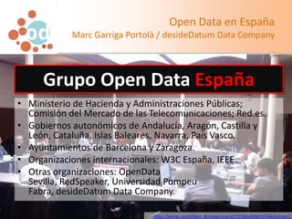 Open Data en España
            Marc Garriga Portolà / desideDatum Data Company



     Grupo Open Data España
• Ministeri...